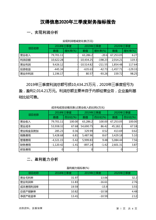 汉得信息2020年三季度财务指标报告