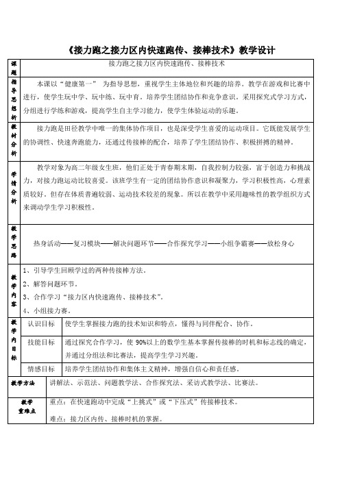 人教版体育与健康全一册-6.2 接力跑之接力区内快速跑传、接棒技术- 教案