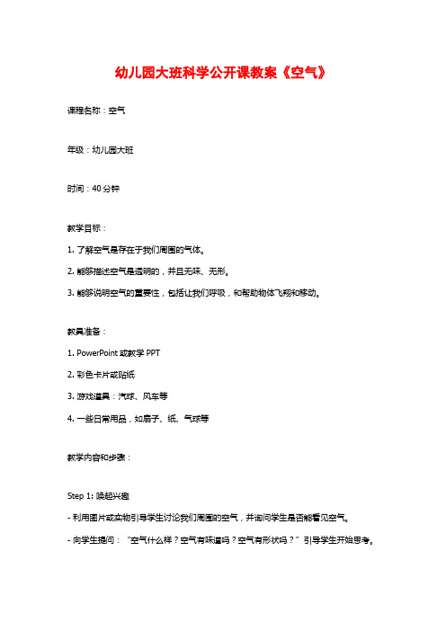 幼儿园大班科学公开课教案《空气》