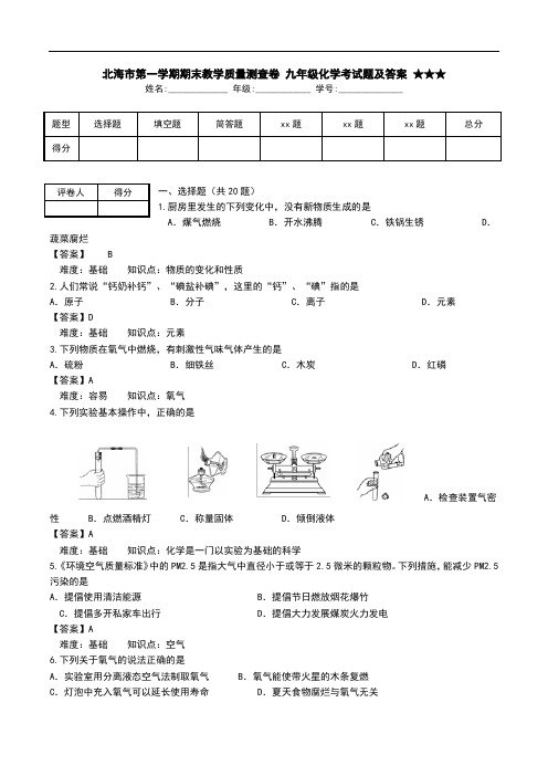北海市第一学期期末教学质量测查卷 九年级化学考试题及答案 ★★★.doc