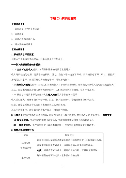 江苏2020年高考政治一轮复习 专题03 多彩的消费考点精炼(含解析)