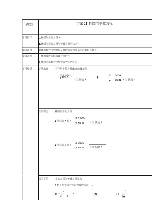吉林省东北师范大学附属中学2020高中数学4.4.11椭圆的参数方程学案(无答案)新人教版选修4