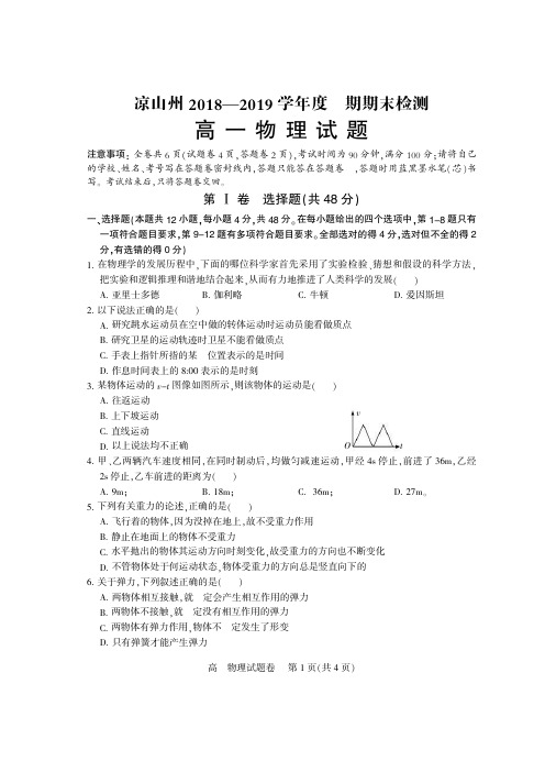 四川省凉山州2018-2019学年高一上学期期末考试物理试题(PDF版)