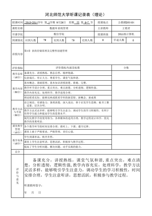 听课记录表-数据库系统管理王艳君(周四下午926)