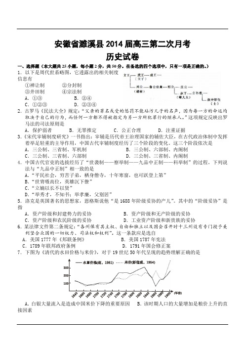 安徽省濉溪县2014届高三第二次月考历史试卷