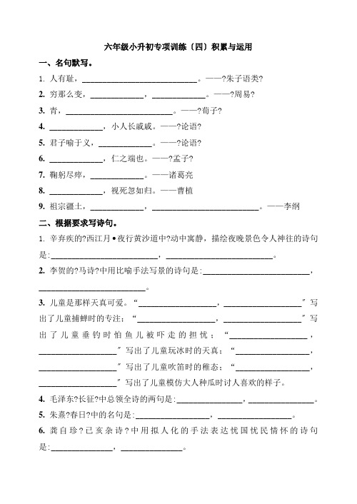 年六年级语文小升初专项训练(四)积累与运用(部编版含答案)