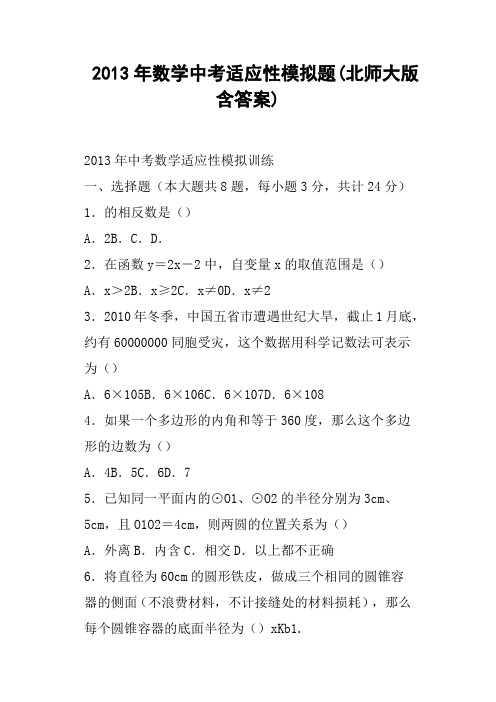 数学中考适应性模拟题北师大版含答案
