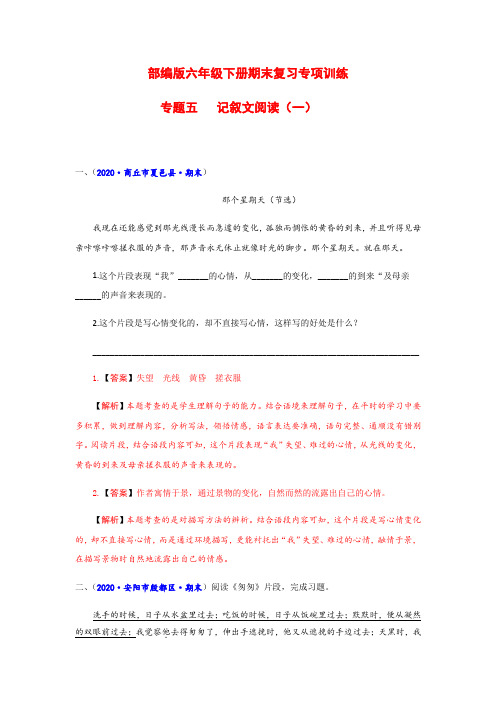 部编版六年级语文下册期末复习专项训练五 记叙文阅读(一)(有答案,含解析)(教师版)