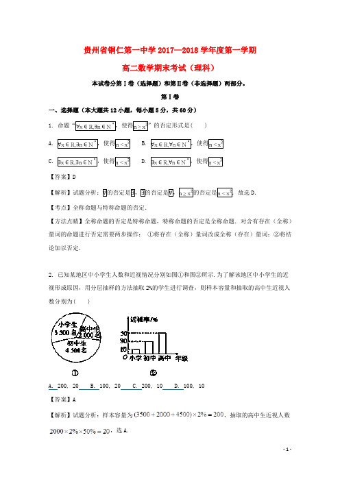 贵州省铜仁市第一中学高二数学上学期期末考试试题 理(含解析)