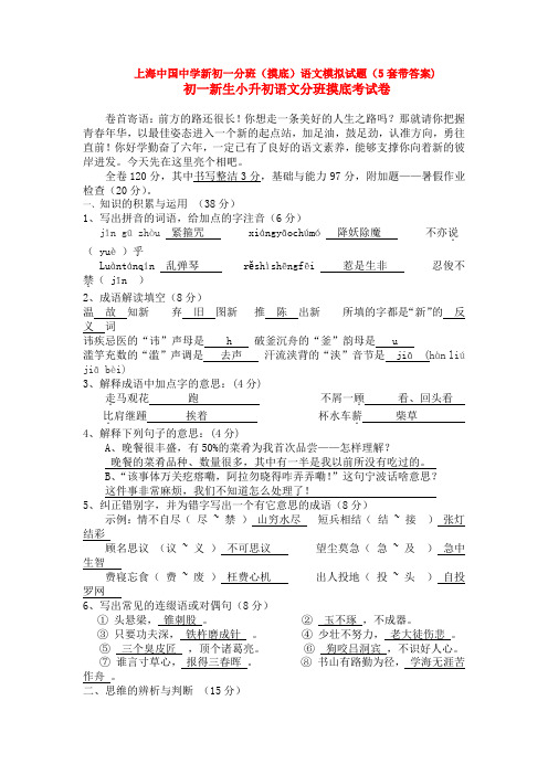 上海中国中学新初一分班(摸底)语文模拟试题(5套带答案)