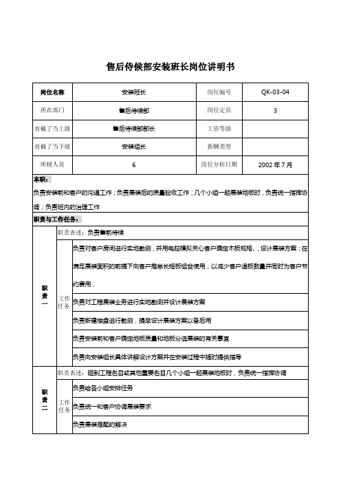 乾坤木业公司售后服务部安装班长岗位说明书