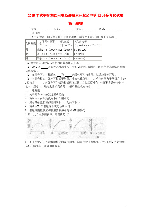 广西钦州市钦州港经济技术开发区中学2015-2016学年高一12月月考生物试卷