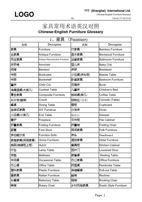 家具常用术语英汉对照