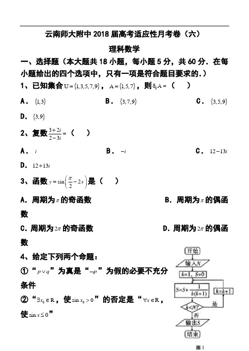 最新--云南师大附中高三高考适应性月考(六)理科数学试题及答案  精品推荐
