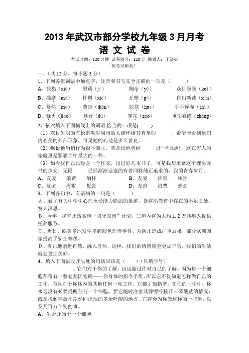2013年武汉市部分学校九年级3月月考语文试题