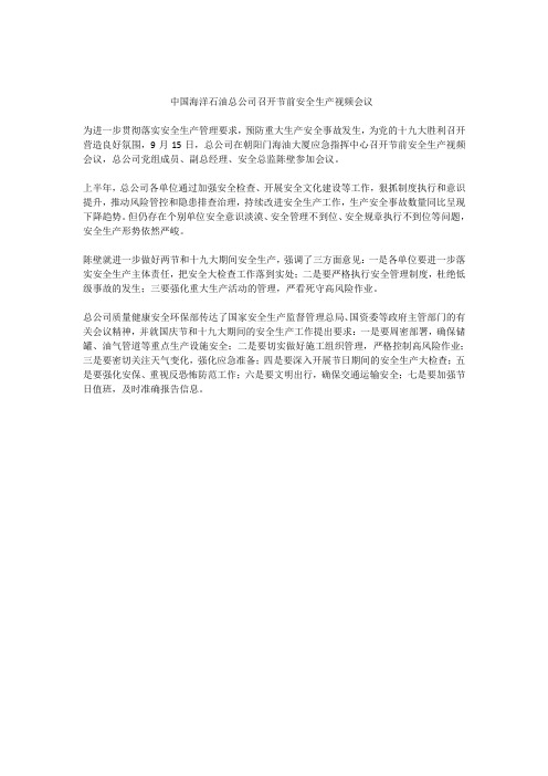 中国海洋石油总公司召开节前安全生产视频会议