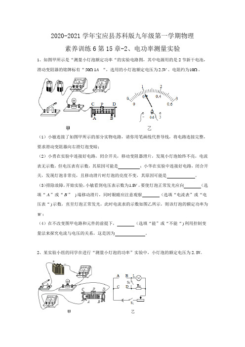 2020-2021学年江苏省宝应县苏科版九年级第一学期物理素养训练6第15章-2、电功率测量实验