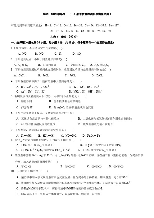 2018—2019学年高一(上)期末质量检测化学模拟试题1