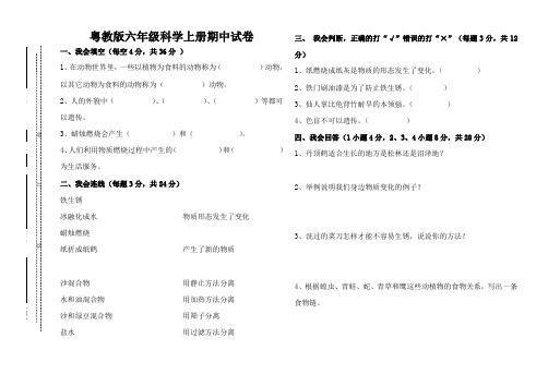 粤教版六年级科学上册期中试卷