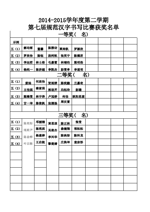 (五年级)第七届规范汉字书写比赛获奖名单