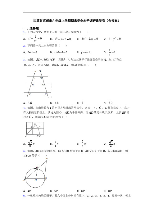 江苏省苏州市九年级上学期期末学业水平调研数学卷(含答案)