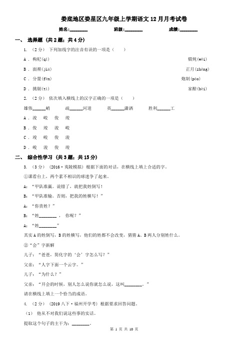 娄底地区娄星区九年级上学期语文12月月考试卷