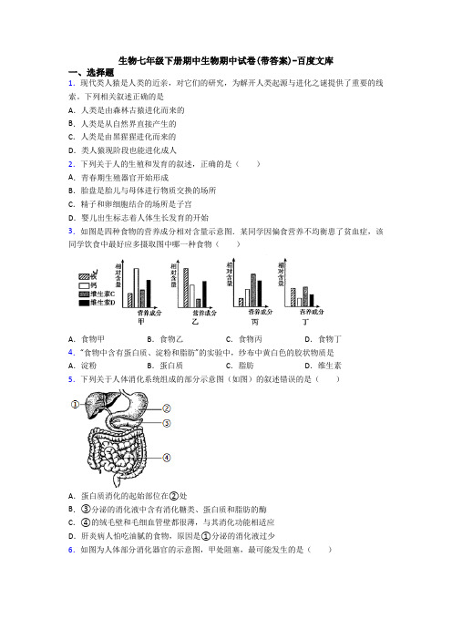 生物七年级下册期中生物期中试卷(带答案)-百度文库