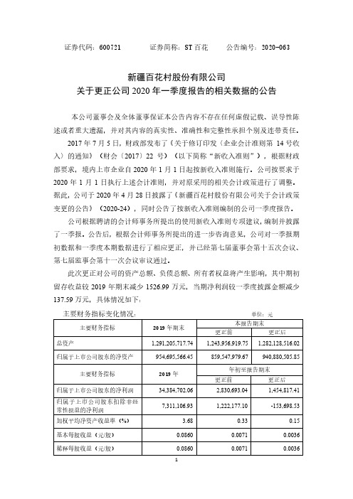 ST百花：关于更正2020年第一季度报告相关数据的公告