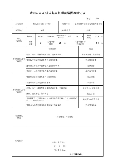 建筑行业塔式起重机附着锚固检验记录