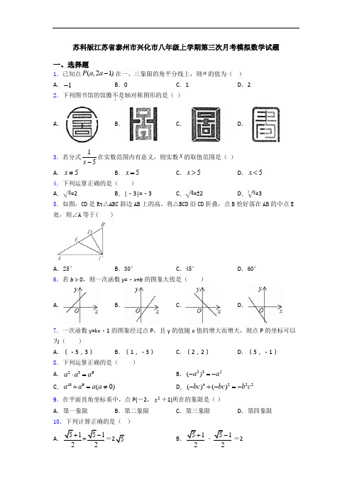 苏科版江苏省泰州市兴化市八年级上学期第三次月考模拟数学试题