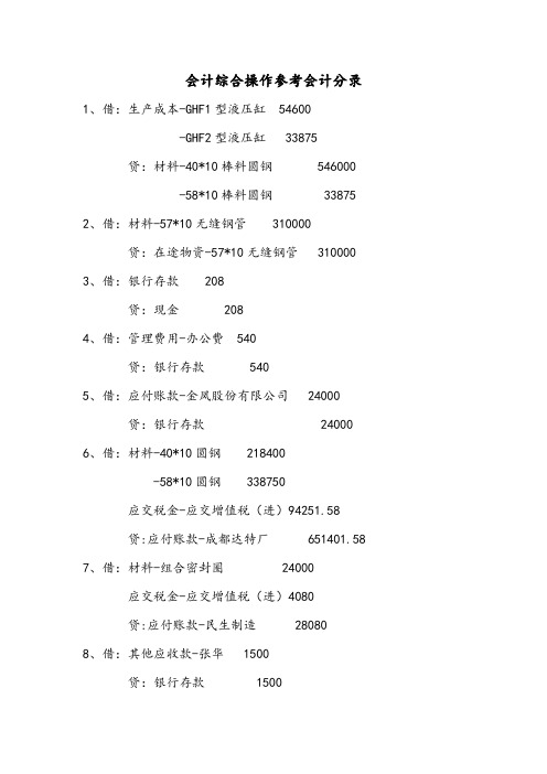 会计综合操作参考会计分录