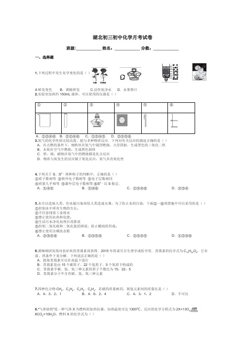 湖北初三初中化学月考试卷带答案解析
