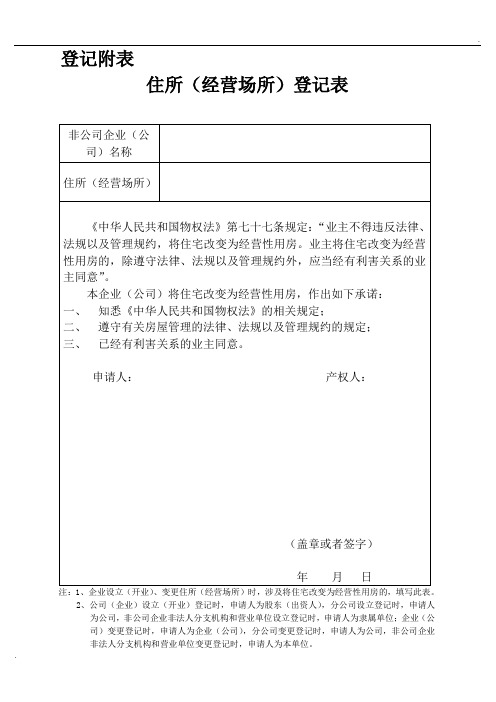 住所(经营场所)登记表