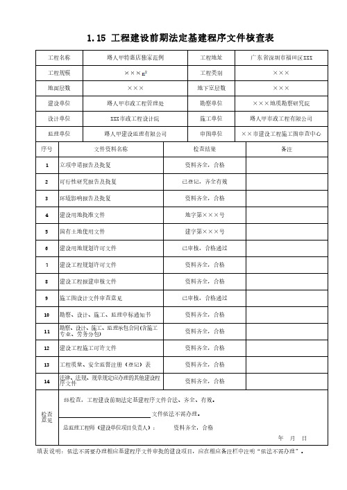 工程建设前期法定基建程序文件核查表 广东市政2019范例