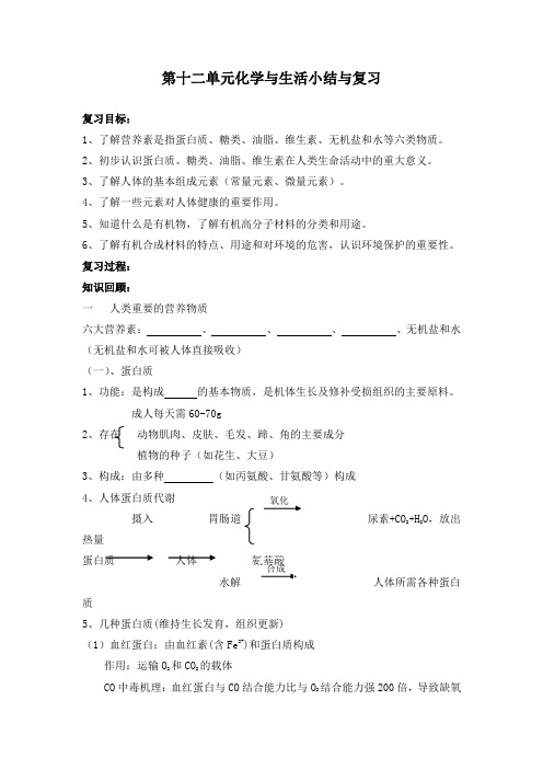 最新初中人教版九年级化学下册第十二单元化学与生活小结与复习导学案