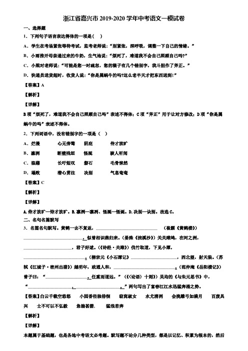 浙江省嘉兴市2019-2020学年中考语文一模试卷含解析