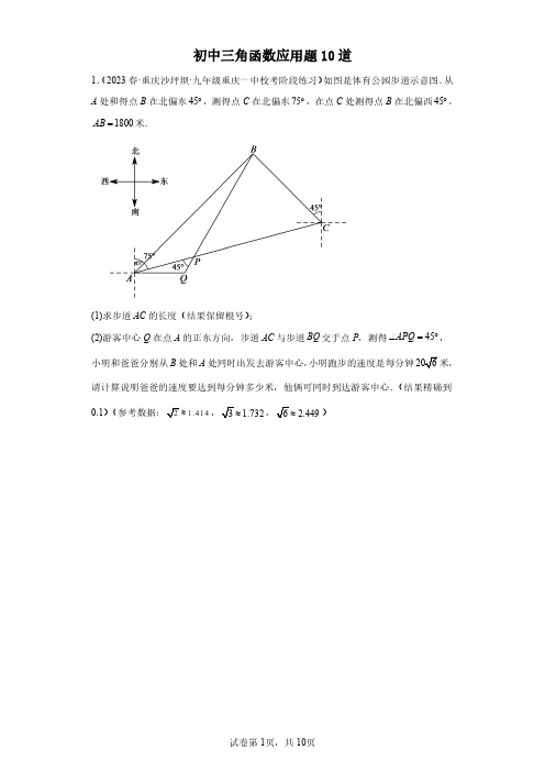 中考数学专题 初中三角函数应用题10道-含答案