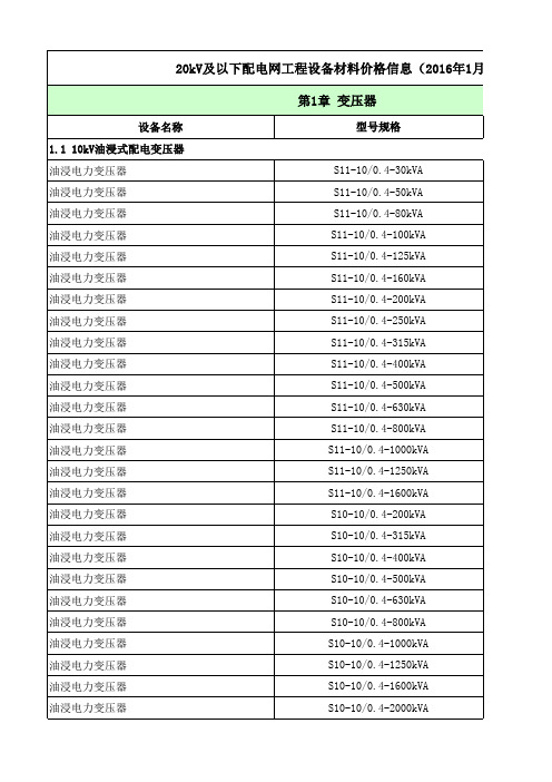(2016年1月)20kV及以下配电网工程设备材料价格信息