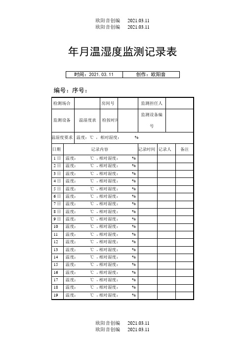 检验室环境温湿度记录表之欧阳音创编