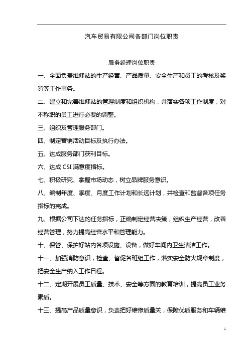 汽车贸易有限公司各部门岗位职责