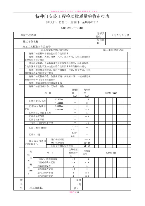 特种门安装工程检验批质量验收记录表