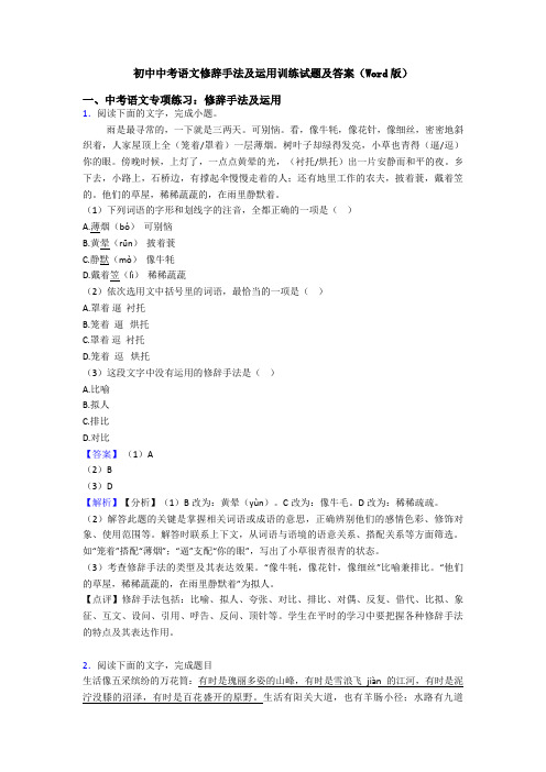 初中中考语文修辞手法及运用训练试题及答案(Word版)