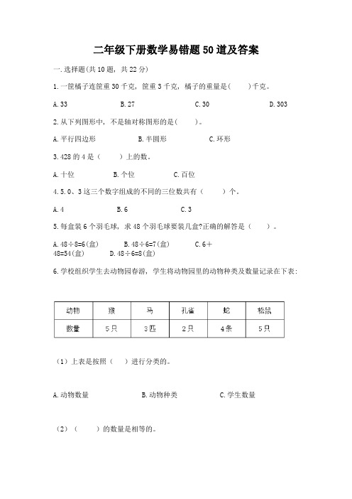 二年级下册数学易错题50道及参考答案【轻巧夺冠】