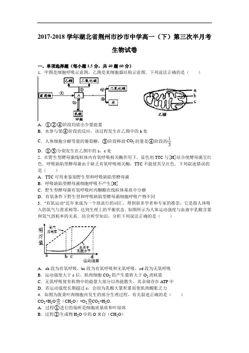 湖北省荆州市沙市中学2017-2018学年高一下学期第三次半月考生物试卷 Word版含解析