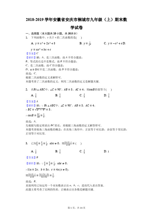 2018-2019学年安徽省安庆市桐城市九年级(上)期末数学试卷解析版
