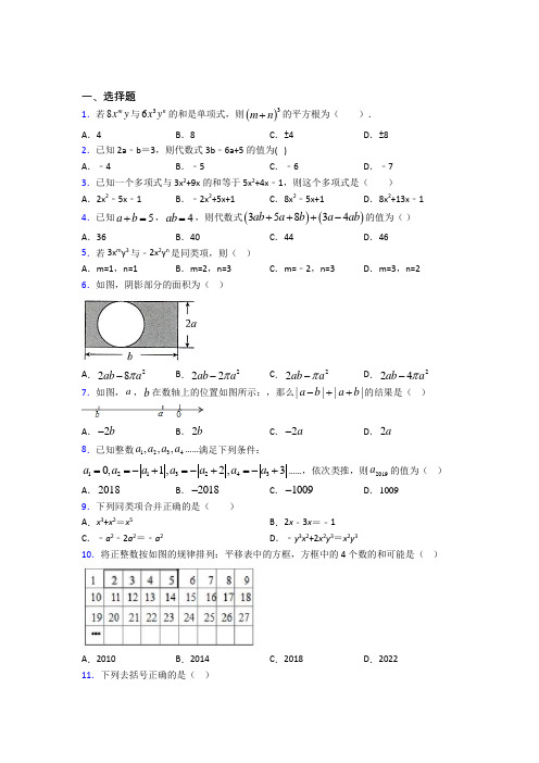 成都市实验外国语学校(西区)七年级数学上册第二单元《整式的加减》阶段练习(培优)