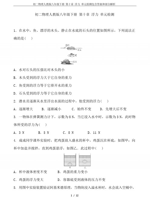 初二物理人教版八年级下册 第十章 浮力 单元检测包含答案和部分解析