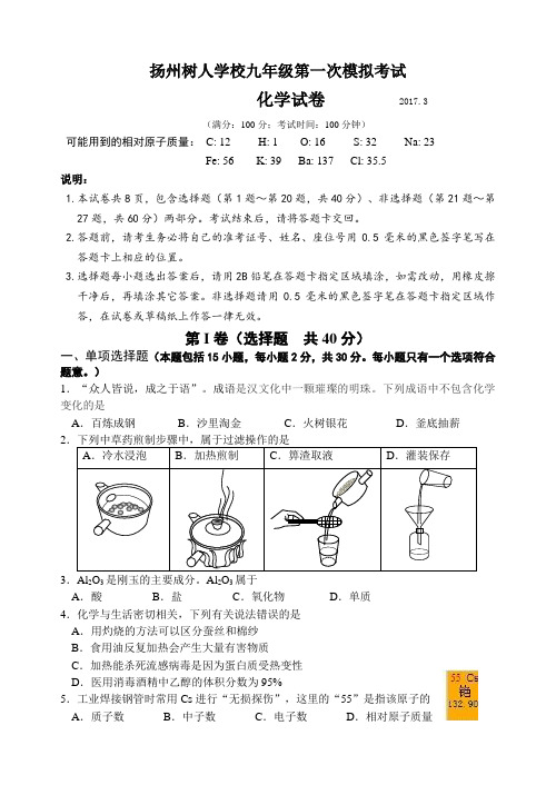 扬州树人学校九年级第一次模拟考试化学试卷