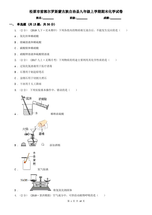 松原市前郭尔罗斯蒙古族自治县九年级上学期期末化学试卷