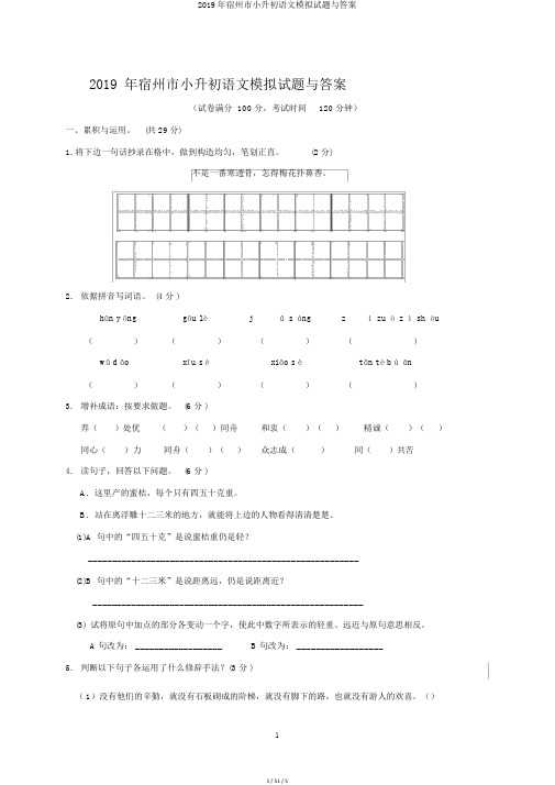 2019年宿州市小升初语文模拟试题与答案